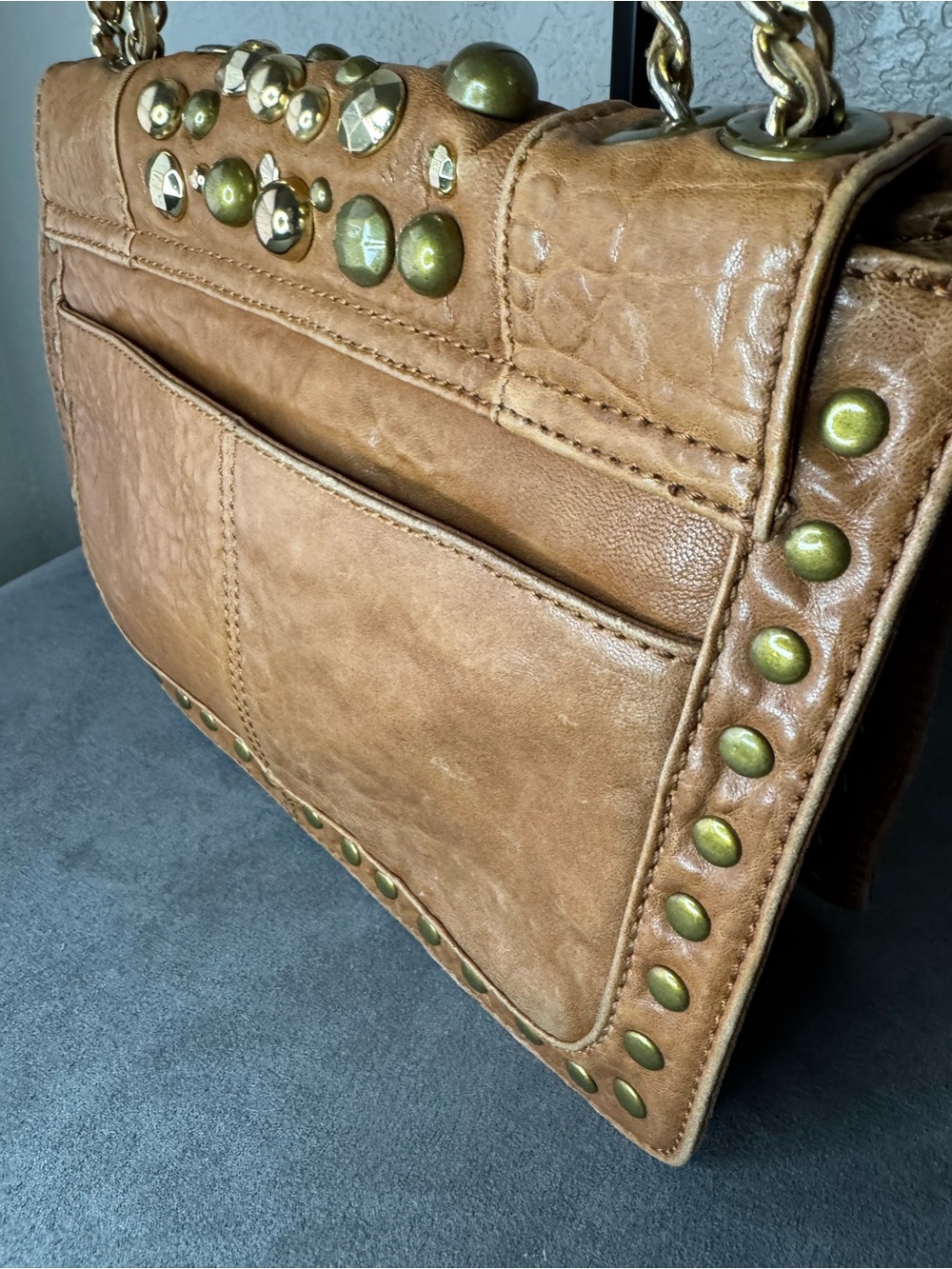 Hype Studded Brown Crossbody Shoulder Bag Chain Strap Festival Purse - Picture 9 of 16